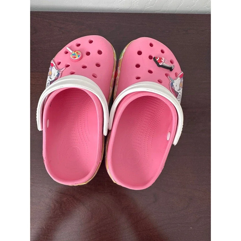 Crocs J1 Kids Pink Unicorn Rainbow Hearts Clogs Jibbitz Shoes Good Condition